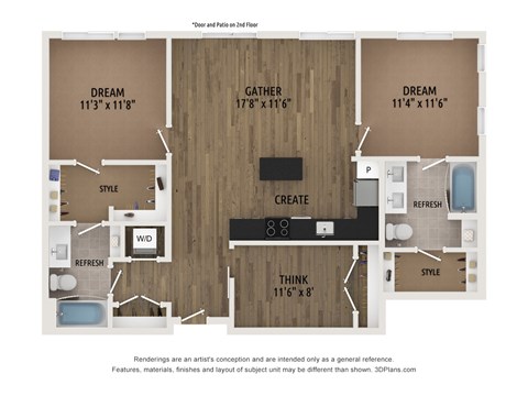 Floor plan for 2 beds, 2 baths, 1112 sqft